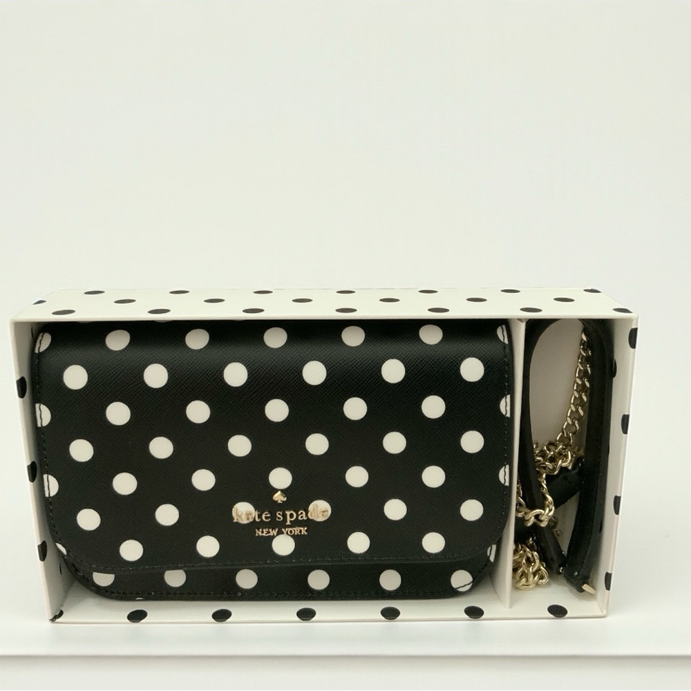 Kate Spade Cheers Boxed Small Crossbody Bag-black and white polka dots-MSRP $259